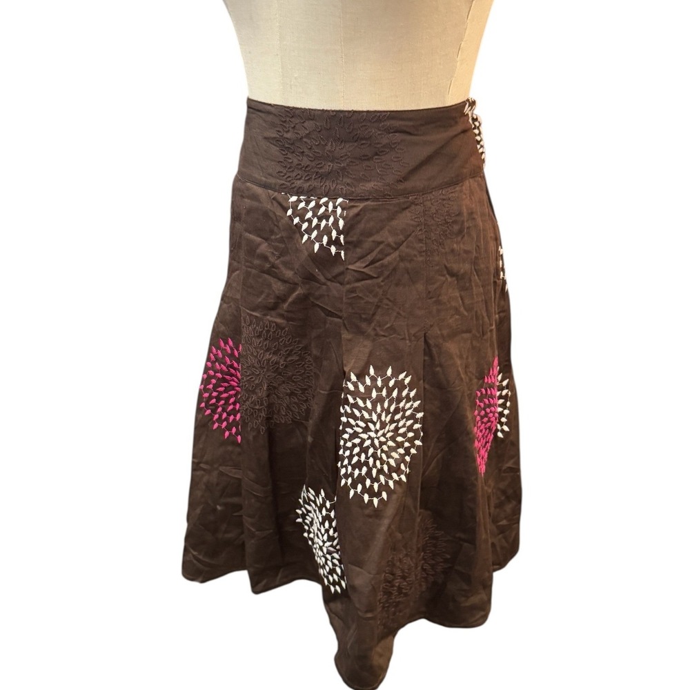 Ann Taylor Brown Cotton Embroidered Floral A-Line Midi Skirt Pink White Size 14